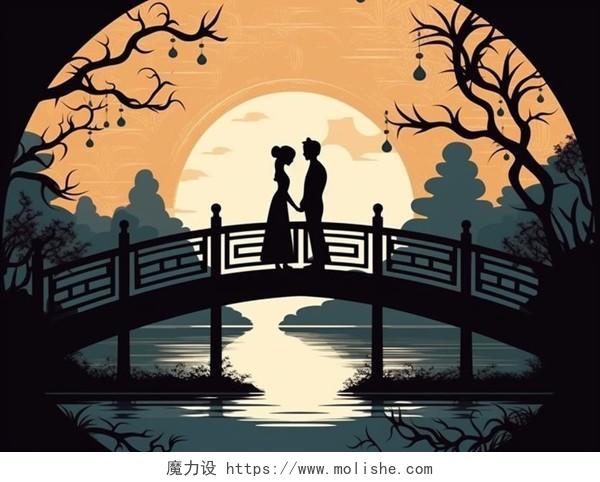 情侣在桥上相会月亮月色唯美手绘插画海报人物剪影七夕情人节人物插画七夕情人节